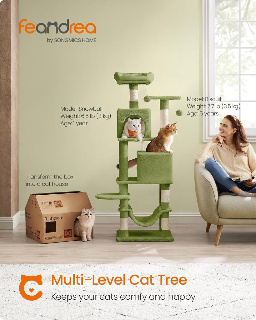 Cat Tree, 59.5-Inch Tall Cat Tower, Multi-Level Condo, Grass Green