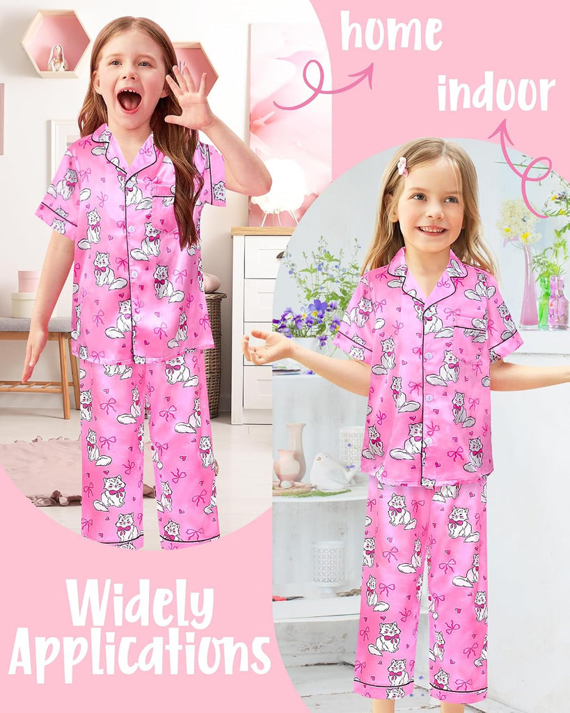Girls Satin Pajamas Silk PJS Set Rainbow Unicorn Sleepwear Short Sleeve Long Pants Jammies for Toddler Kids