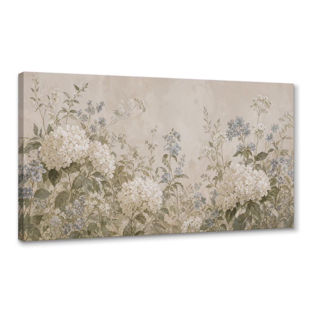 Hydrangea Floral Canvas Wall Art, Cream White and Dusty Blue Botanical Print, Large Horizontal Vintage Garden Decor