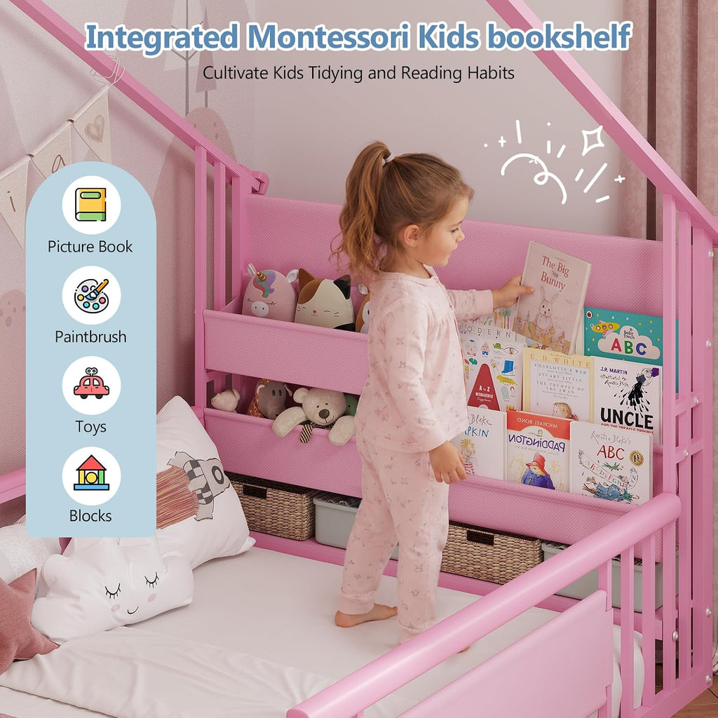 Floor Bed with Storage Bookshelf and Globe String Lights House Montessori Floor Bed for Girls with Safety