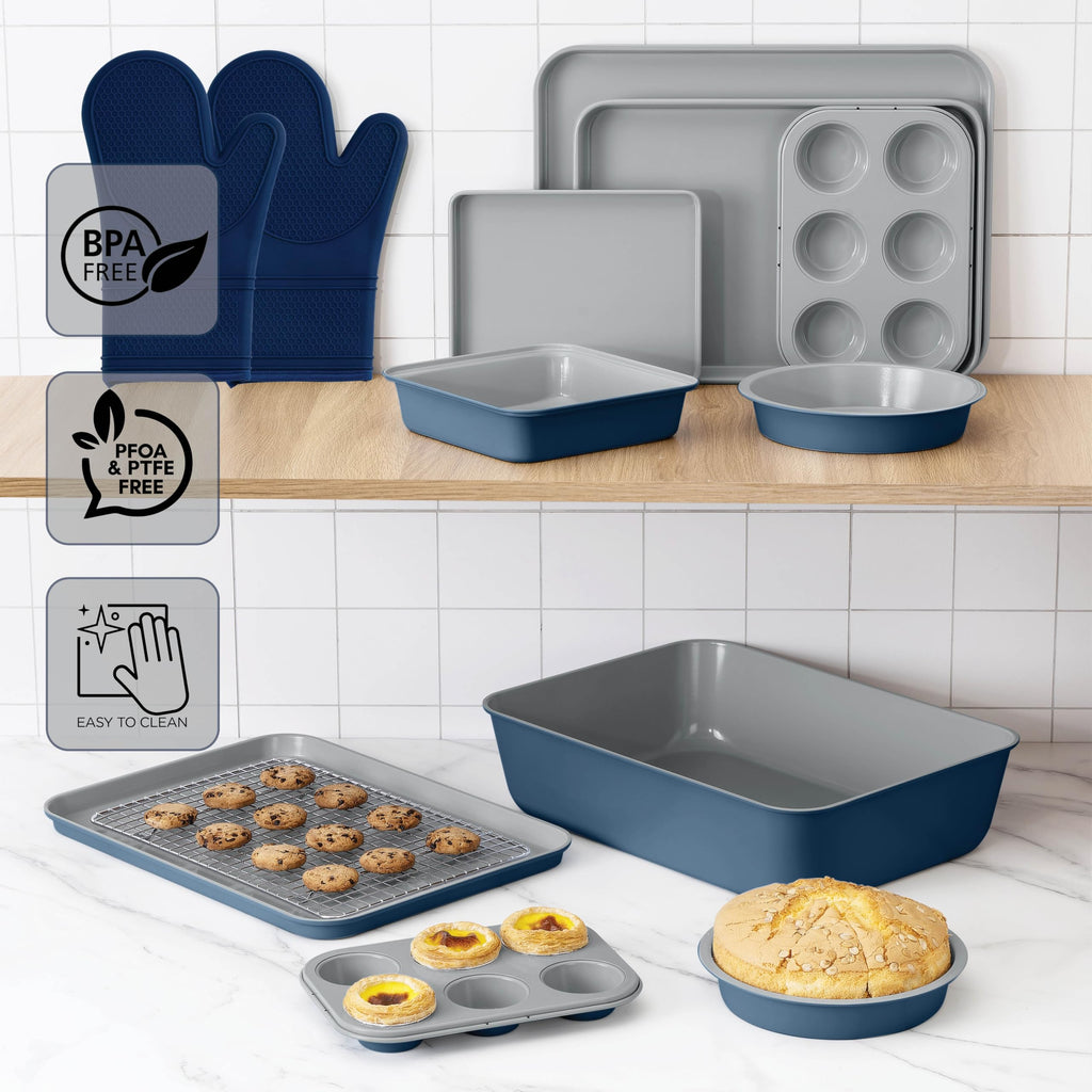 Nonstick Stackable Bakeware Set - Deluxe Heavy Duty, Durable, Easy Release Baking Set, Denim, 13 Pcs