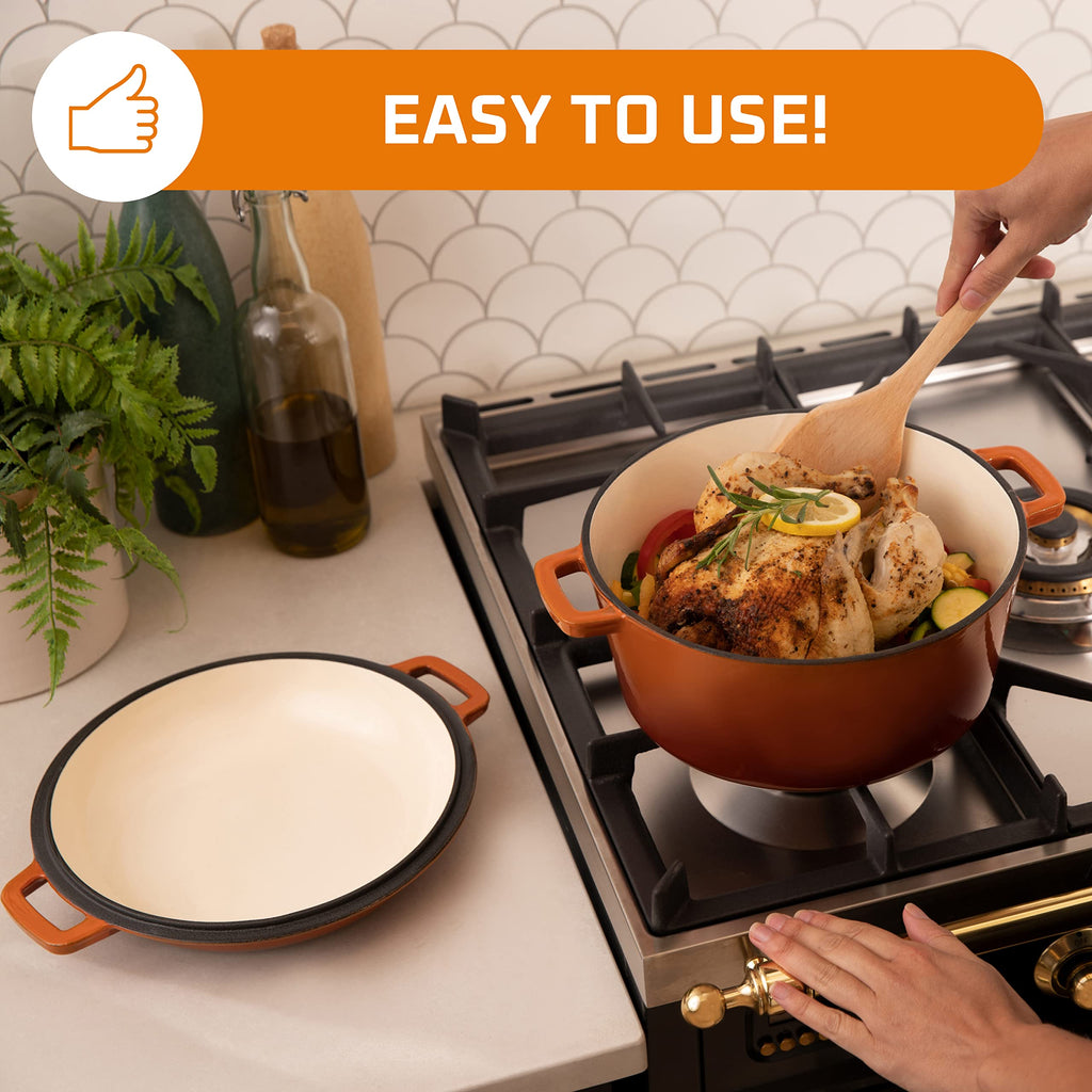2-in-1 Enamel Cast Iron Dutch Oven With Handles - Crock Pot Pumpkin Spice Orange Cast Iron Pot with Skillet