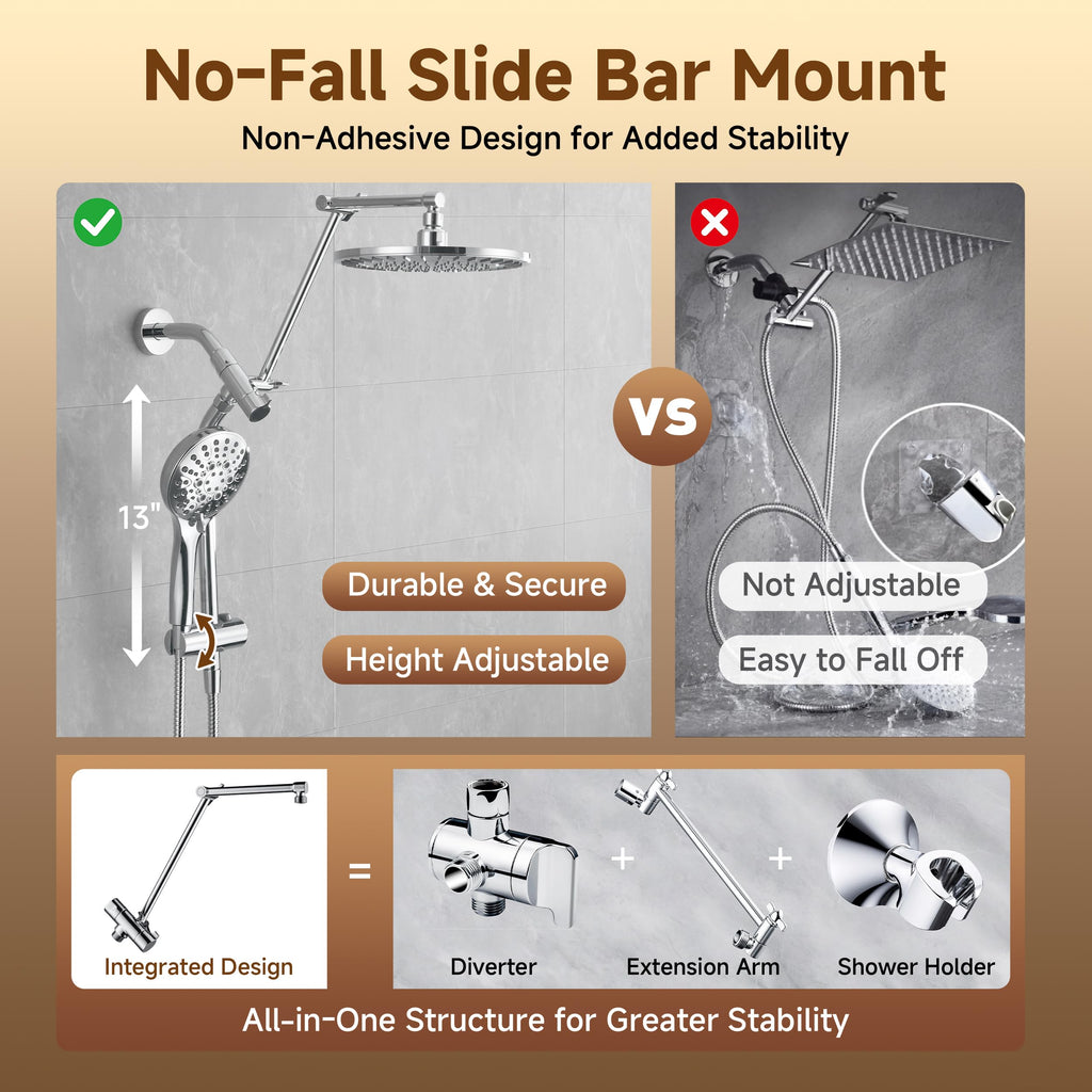 Rain Shower System with Handheld, High Pressure Dual Shower Head Combo, 9-Spray Modes, Adjustable Slide Bar &