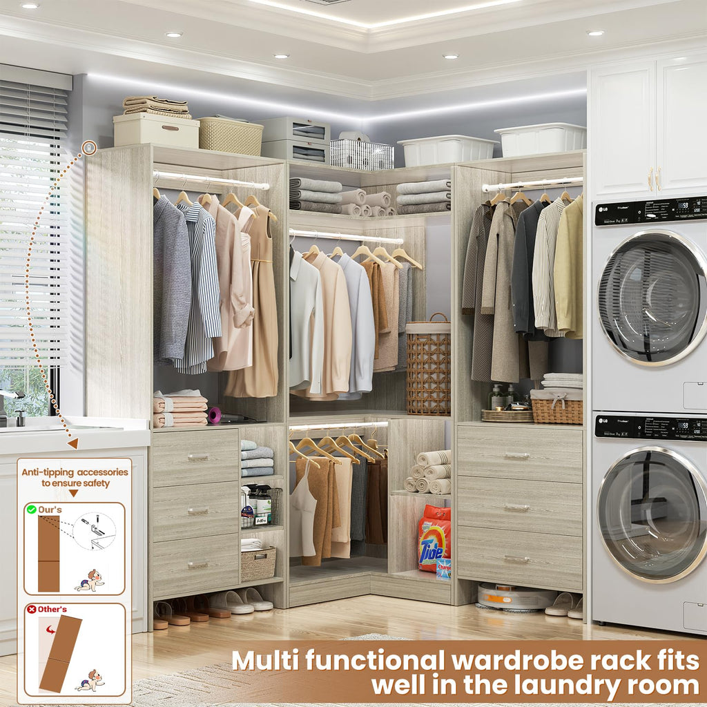 Closet System with 6 Drawers, 4 Hanging Rods & Corner Tower, Corner Closet System with Hanging, 84.6" L-Shaped