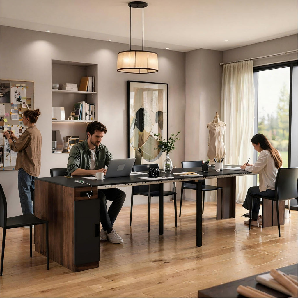 24"-118" Extendable Dining Room Table with Storage and Outlet, Walnut&Black