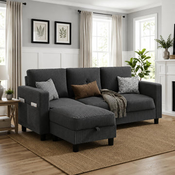 77" L-Shaped Corduroy Sectional Sofa with Storage Ottoman, Grey