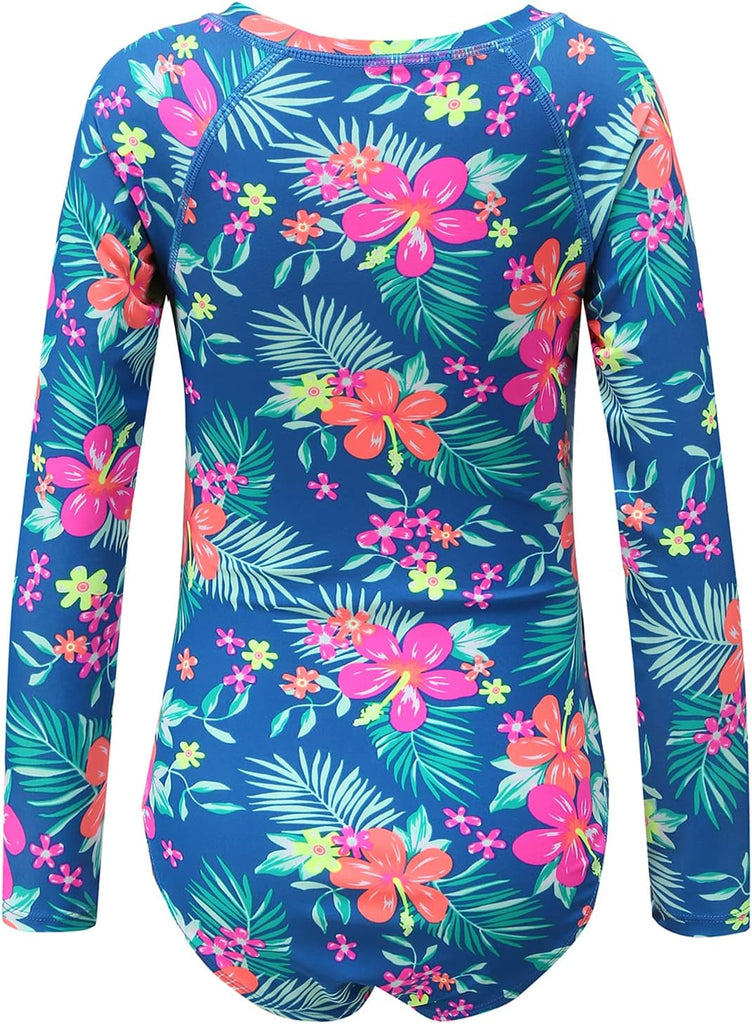 Girls Long Sleeve Rash Guard One Piece Swimsuit Kids UPF 50+ Sun Protection Swimwear Rainbow Striped Bathing Suit