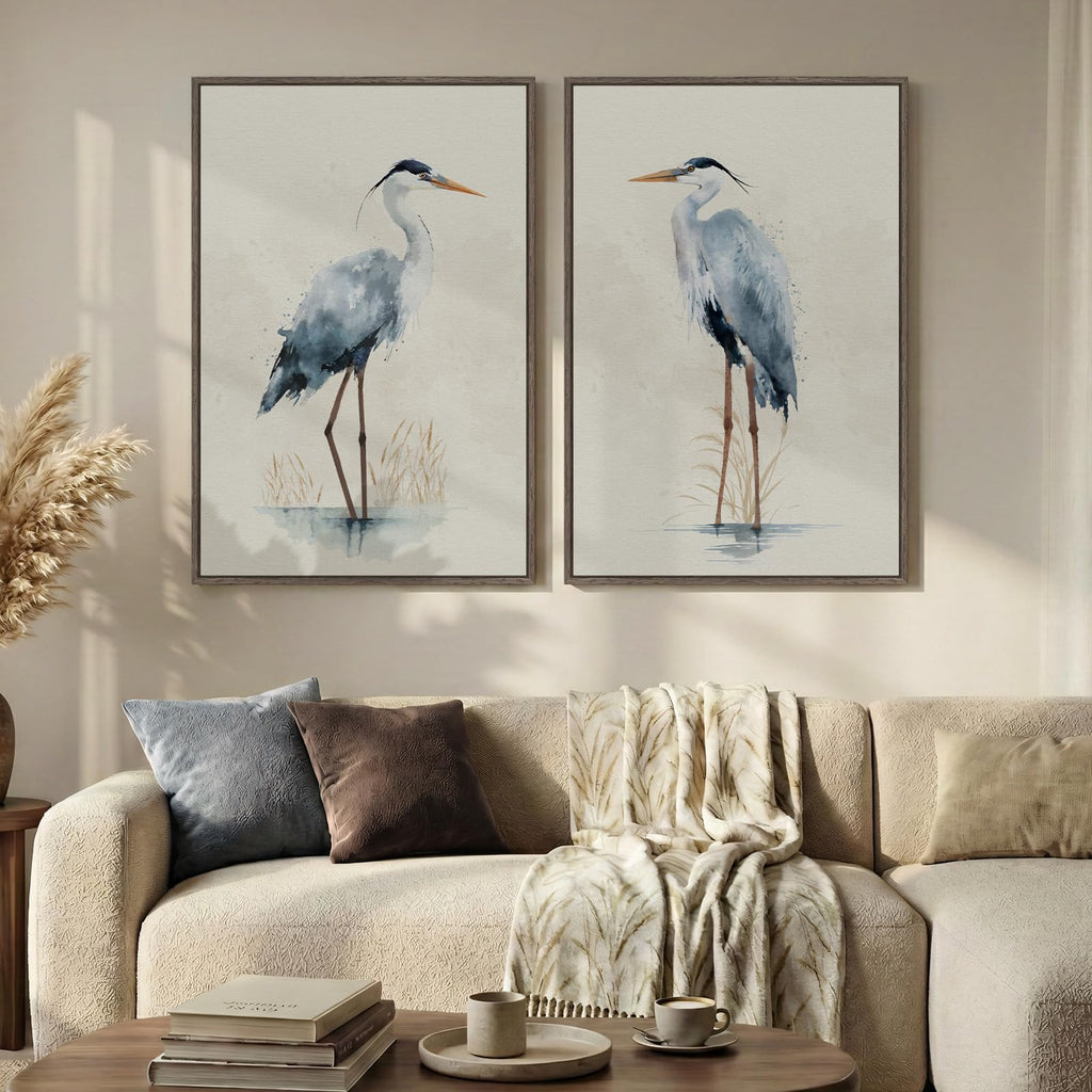 Large Framed Vintage Neutral Blue Heron Bird Wall Art, 2 Piece 24x36 In