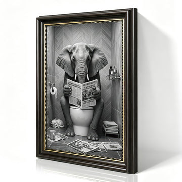 Funny Elephant Bathroom Wall Art, Black and White Animal Reading Newspaper Print art, Quirky Toilet Humor Wall decor