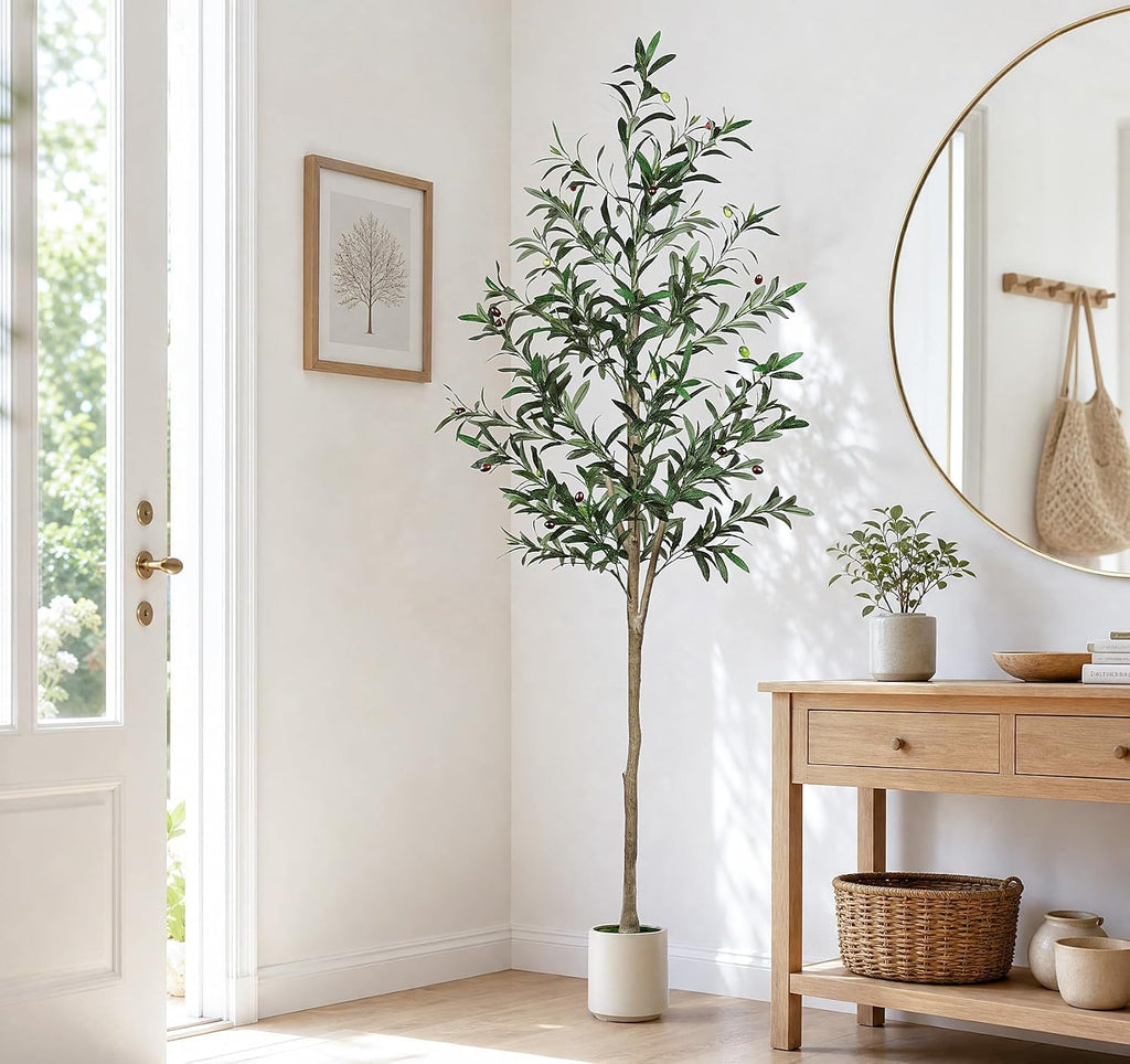 6FT Olive Trees Artificial Indoor, Fake Olive Tree with Heavy White Planter