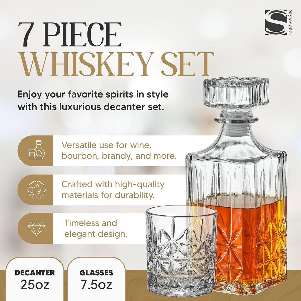 Whiskey Decanter Set with Glasses - Prestigious Whiskey Set with 25oz Liquor Decanter and 6 Glasses - Upscale Whisky - Set of 7