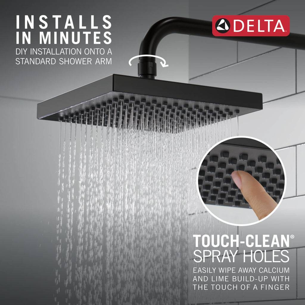 Matte Black Rain Shower Head, 8 Inch Square Shower Head Rainfall, Overhead Rain Showerhead, 2.5 GPM Flow Rate, Matte