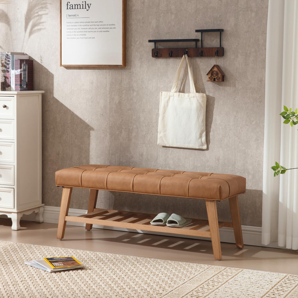 Entryway Shoe Bench Storage Benches with Upholstered Button Tufted Seat and Open Slatted Shelf PU Leather Ottoman
