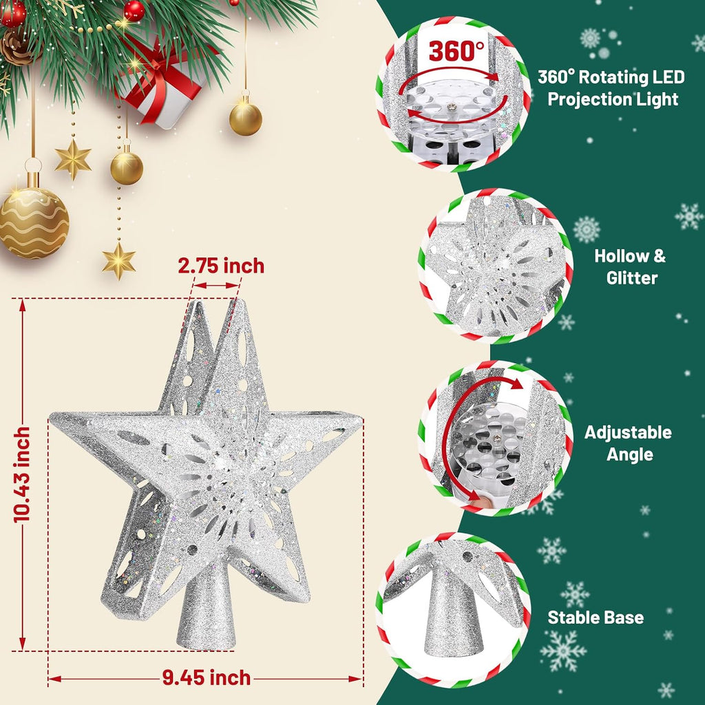 Tree Topper Lighted with 6 Projection Modes,Christmas Star Tree Topper Built-in LED Rotating Projector Lights 3D