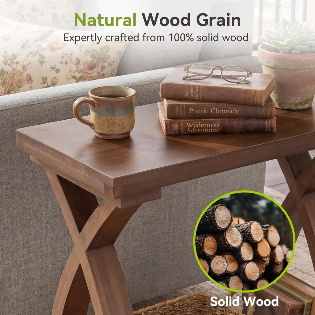Solid Wood End Table, 2-Tier Small Side Table with Storage Shelf