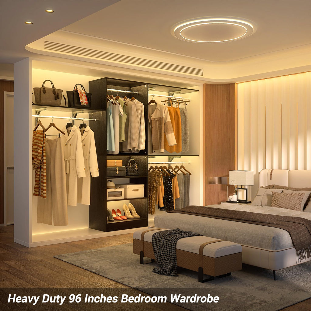 8FT Closet System with 3 Wooden Storage Shelves, 96'' Closet Organizer System with 3 Hanging Rods, Wall Mount Bedroom