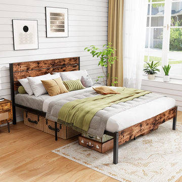 Bed Frame with Headboard, Metal Platform Bed with Under-Bed Storage Space & Slatted Headboard, Industrial