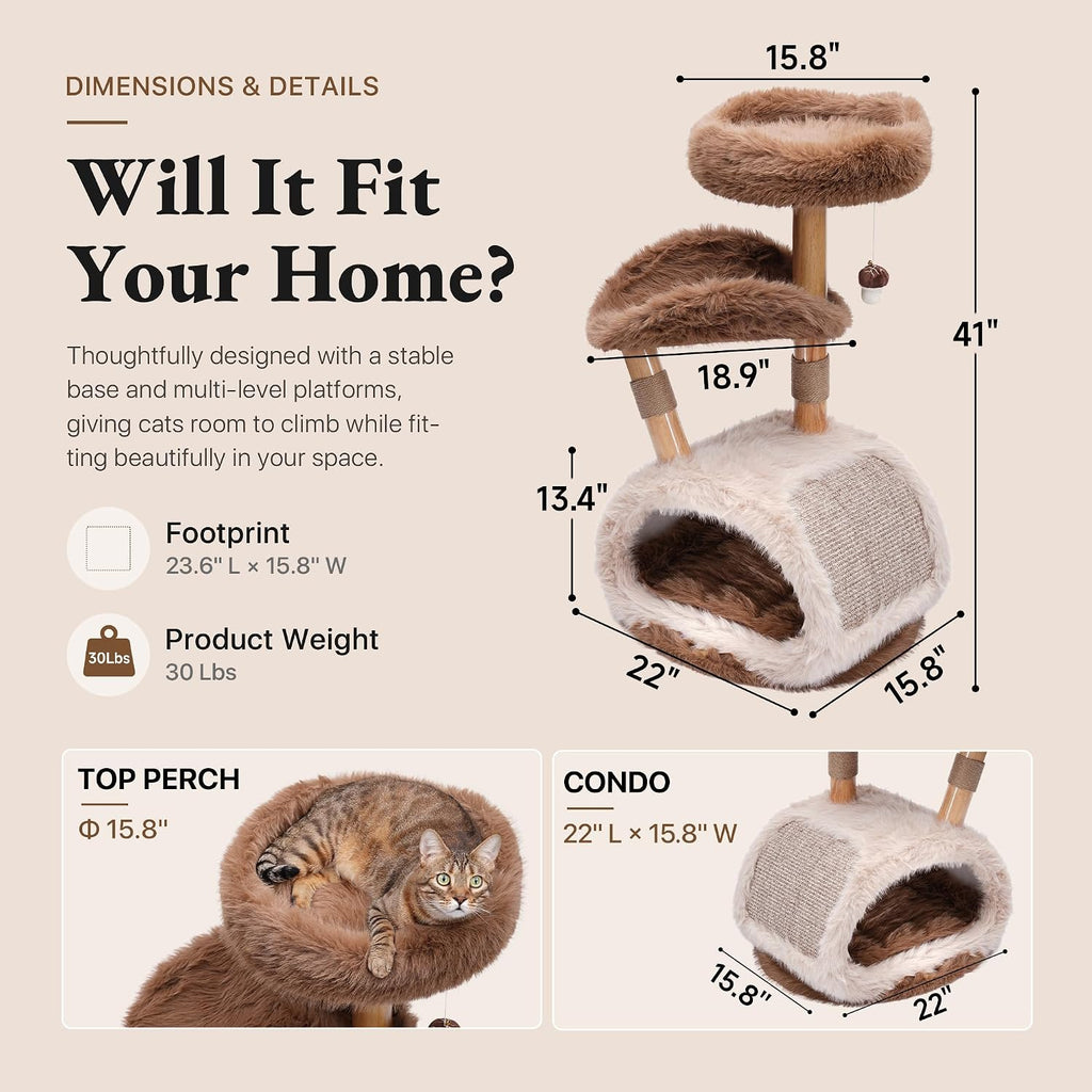 Small Cat Tree s with Spacious Condo for Large Cats, 41-Inch Modern Cat Tower with Faux Fox Fur, Curved Lounge