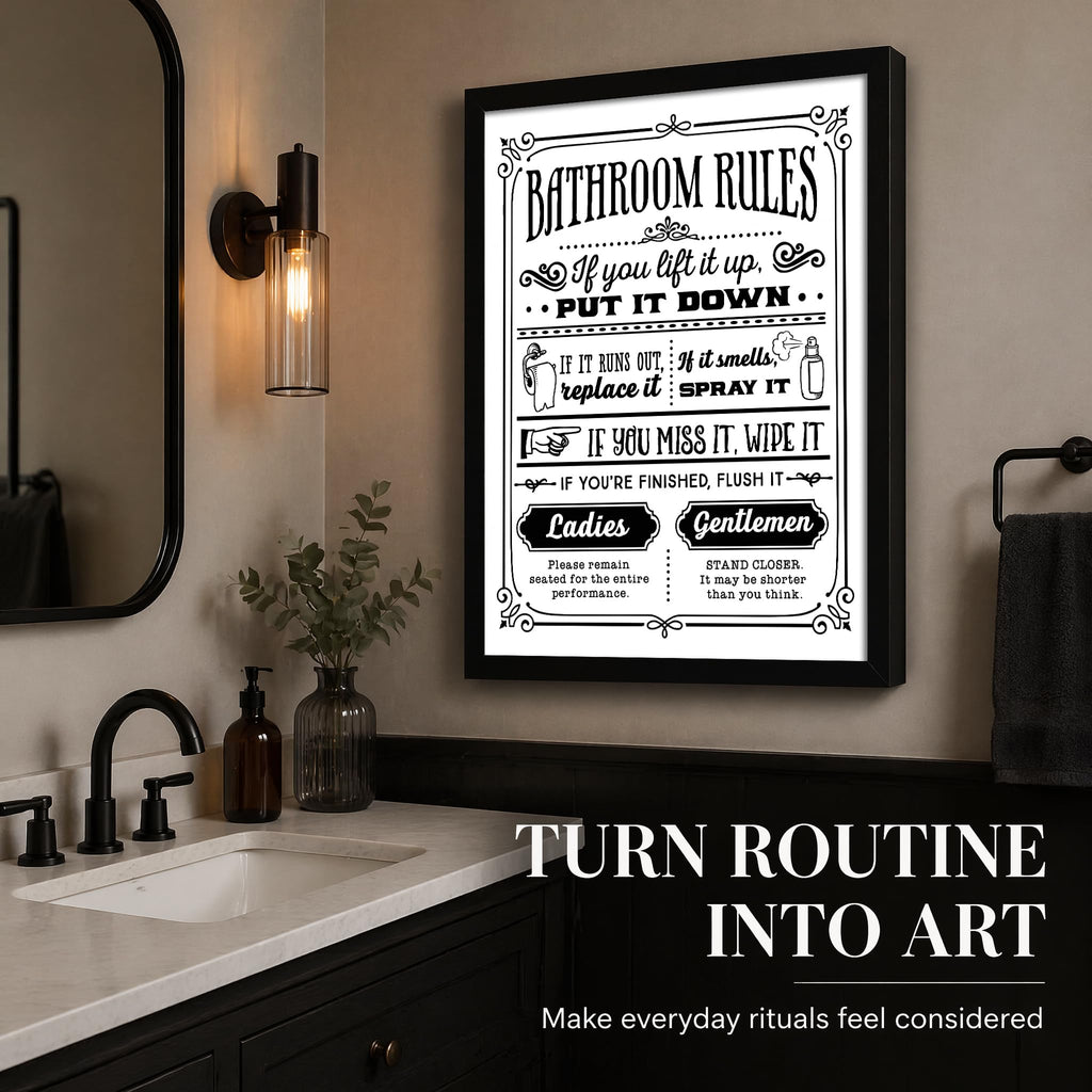 Framed, Black and White Wall Art - Funny Toilet Rules Prints, Humorous Restroom Sign Canvas, Washroom Regulations