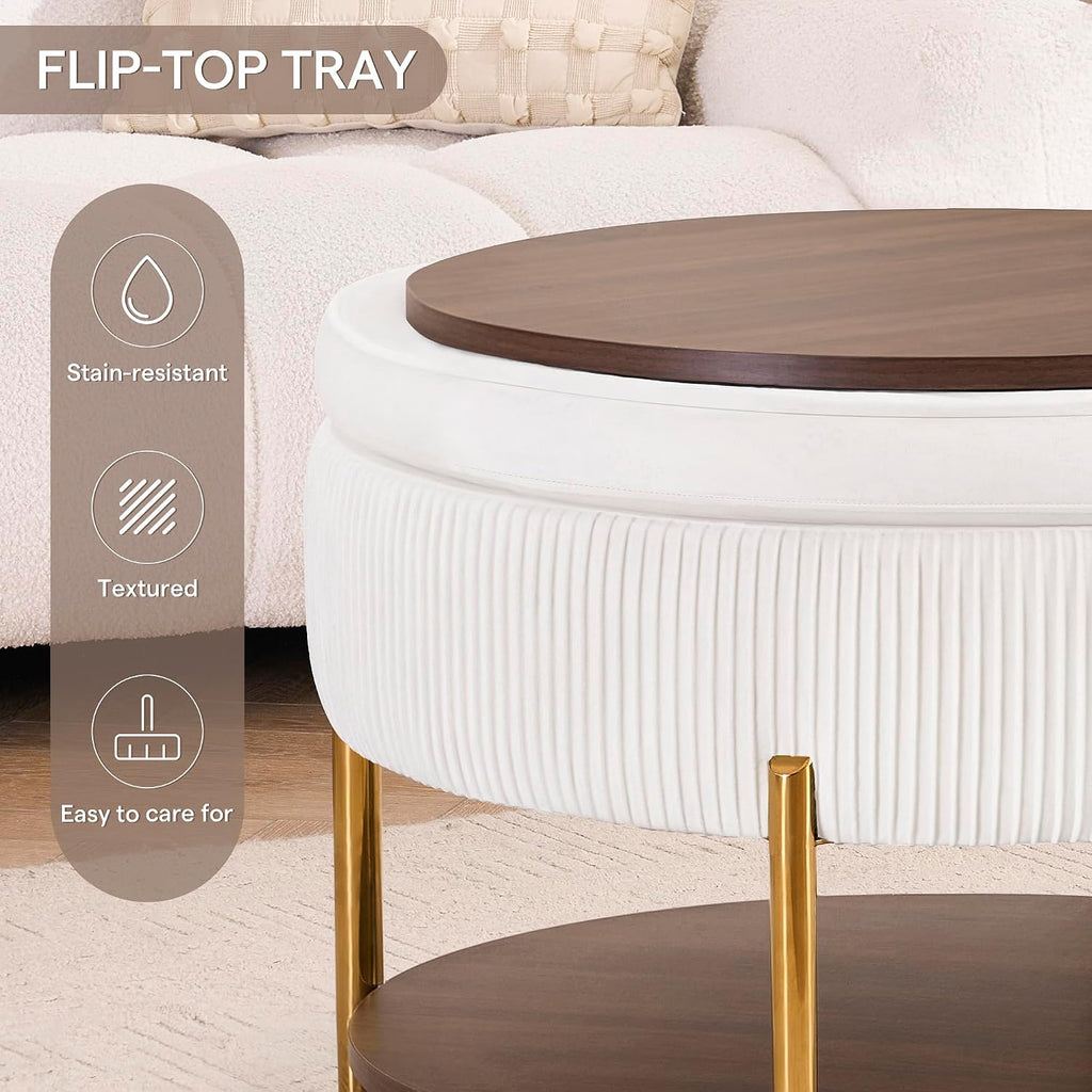 28.5 Inch Round Coffee Table Ottoman with Storgae | Modern Large Upholstered Circle Storgae Ottoman with Removable