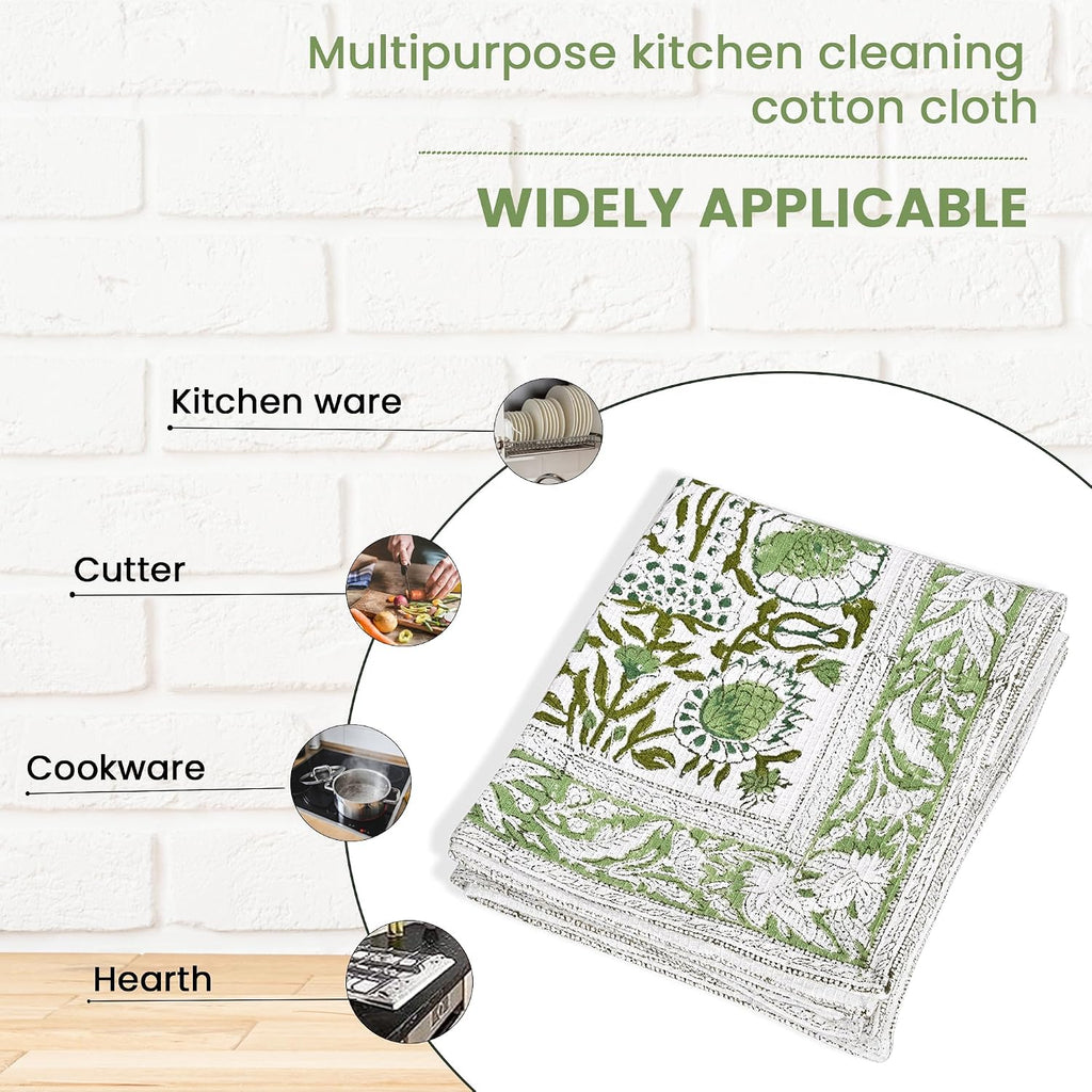 CPC Agate Green Hand Block Print Waffle Kitchen Towel Set of 3-16 x 28 Inch Ultra Absorbent Quick Dry Cotton Dish