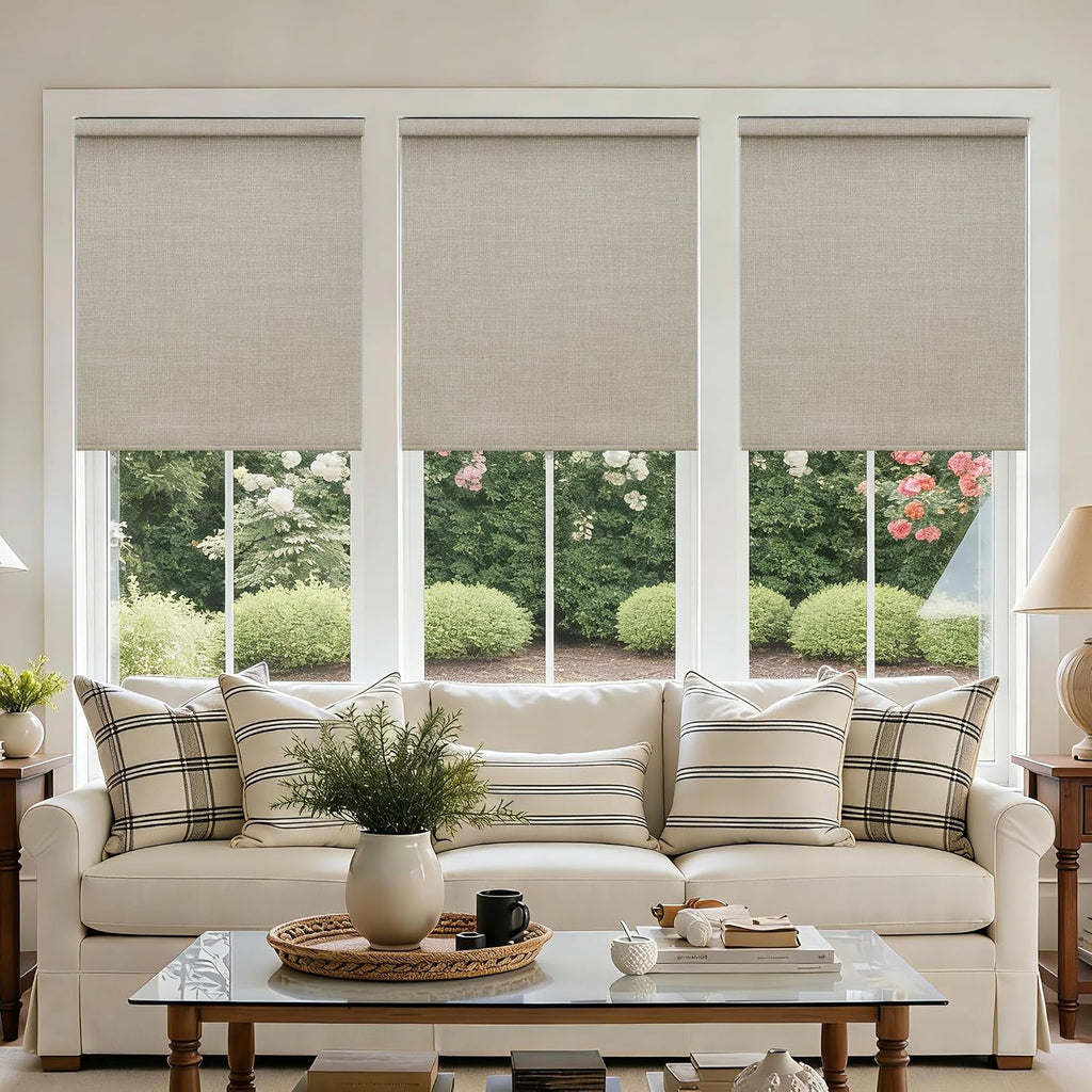 Blackout Roller Shades for Bedroom Window Cordless Free-Stop Blinds with Valance UV Protection 100% Black Out Linen