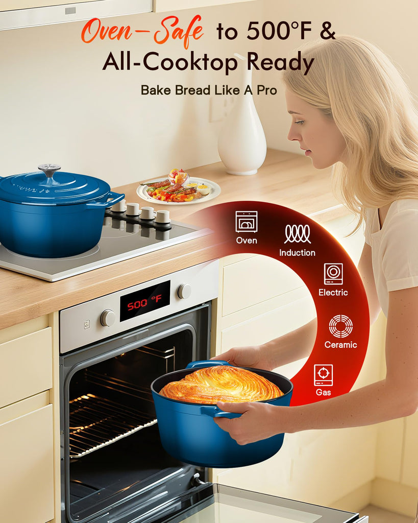 6 Qt PFAS-Free Enameled Cast Iron Dutch Oven Pot with Lid, Santorini