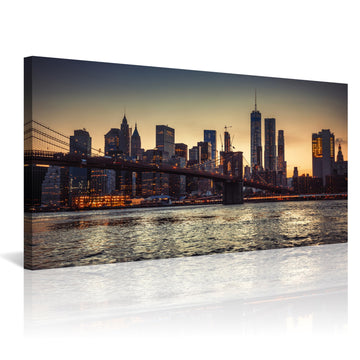 1PCS New York City Skyline Canvas Wall Brooklyn Bridge at Sunset Golden Hour Manhattan Cityscape Pictures Canvas