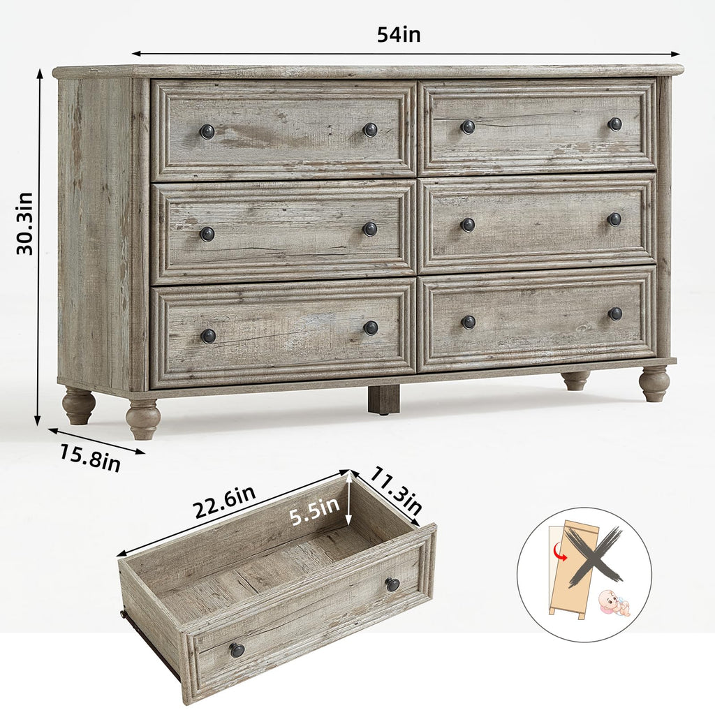 54" Dresser, Farmhouse 6 Drawers Dressers with Gourd Legs