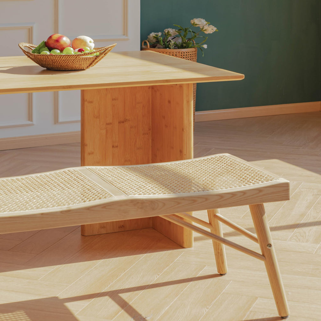 55" Modern Dining Bench, Solid Oak Wood Bench with Rattan Seat, Entryway Bench Table, Indoor Wooden Bench, Easy