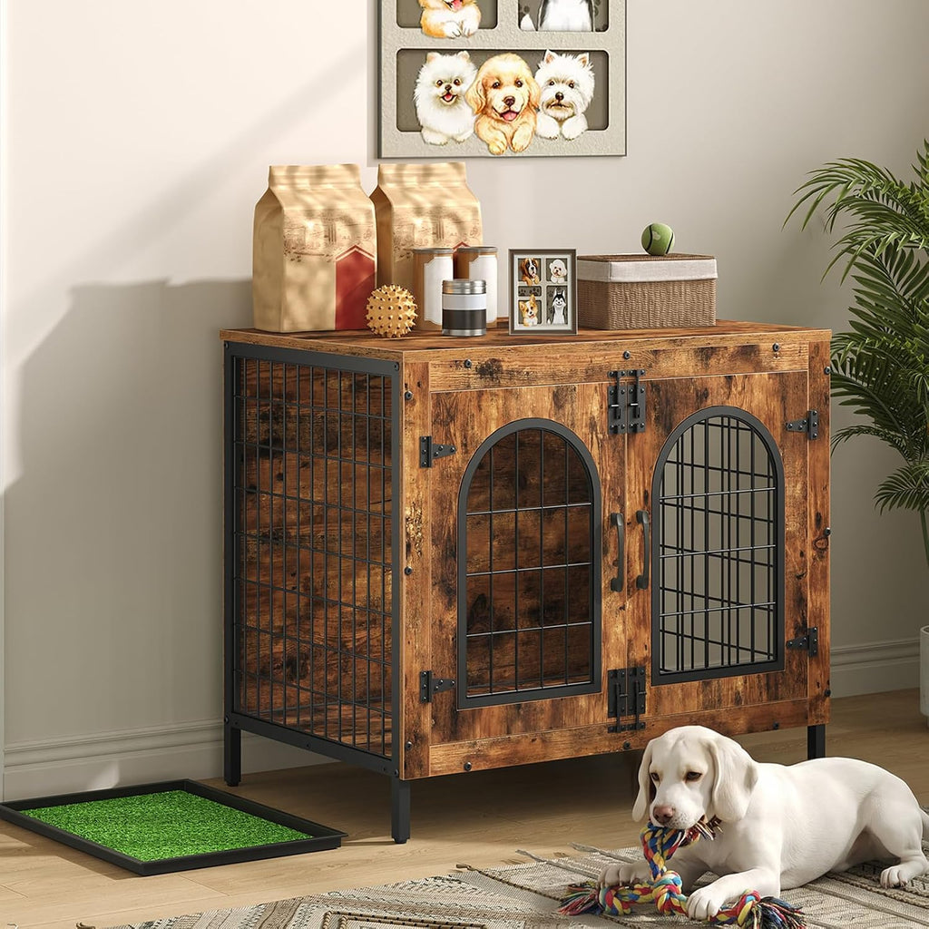 Dog Crate Furniture, 31.5" Dog Kennel with Dog Grass Pad and Tray