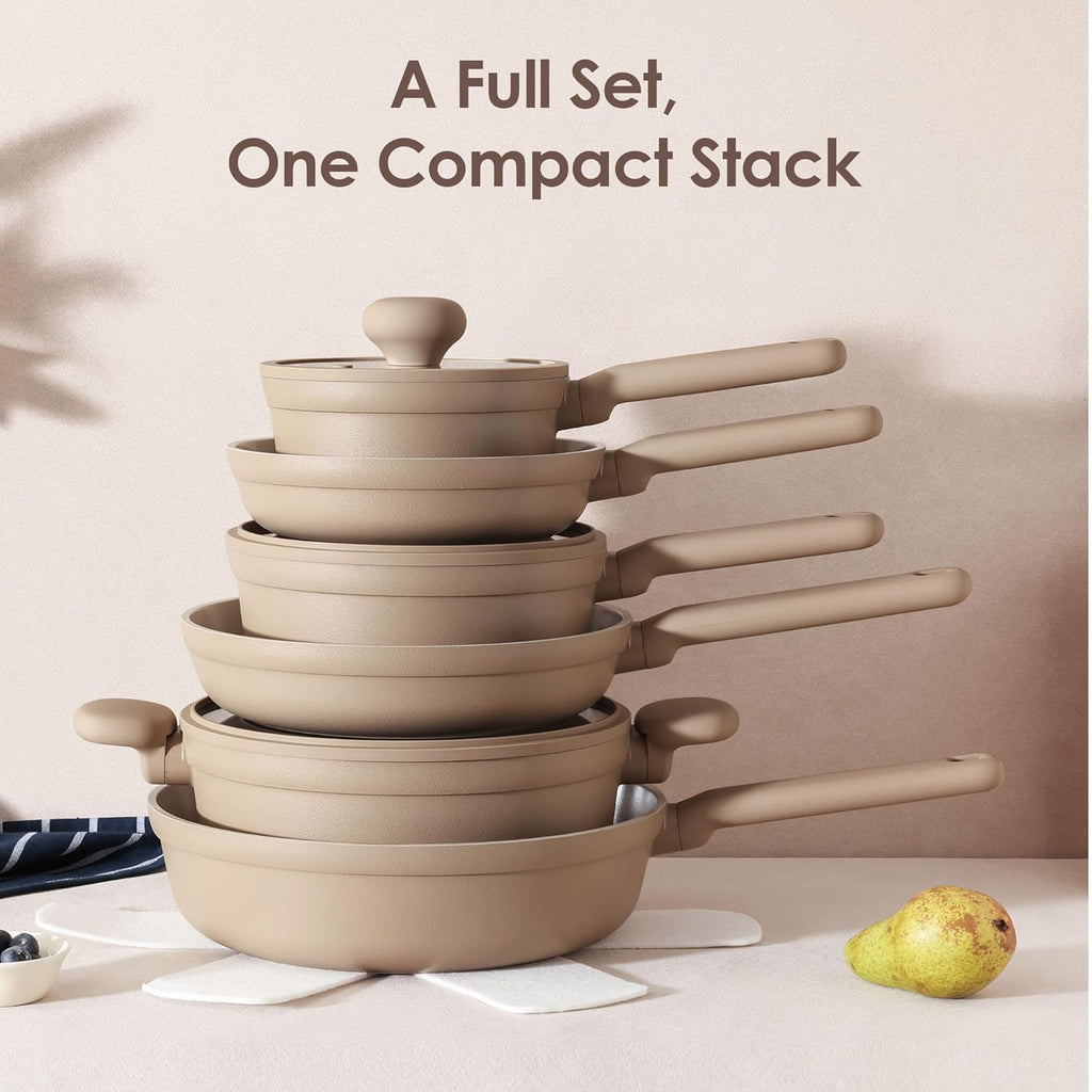 Ceramic Nonstick Pots and Pans Set 17pcs Taupe | Healthy nontoxic ceramic coating, compatible with all stoves