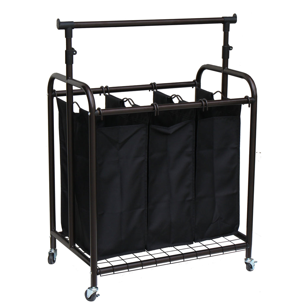 3-Bag Rolling Adjustable Hanging Bar Laundry Sorter, Bronze
