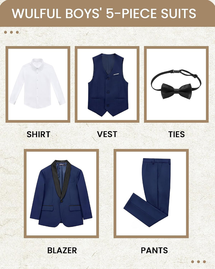Boys 5 Pieces Tuxedo Suit Set Kids Suits Shawl Collar Jacket Pant Vest Bow Tie for Wedding Ring Bearer Party Prom