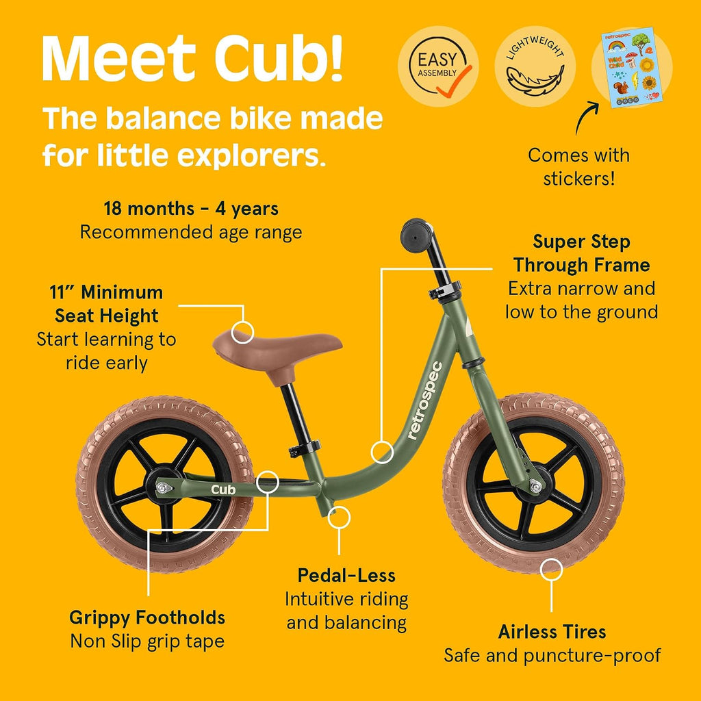 Cub Toddler Balance Bike for Ages 18 Months - 3 Years - 12in No-Pedal Beginner Bicycle with Adjustable Seat