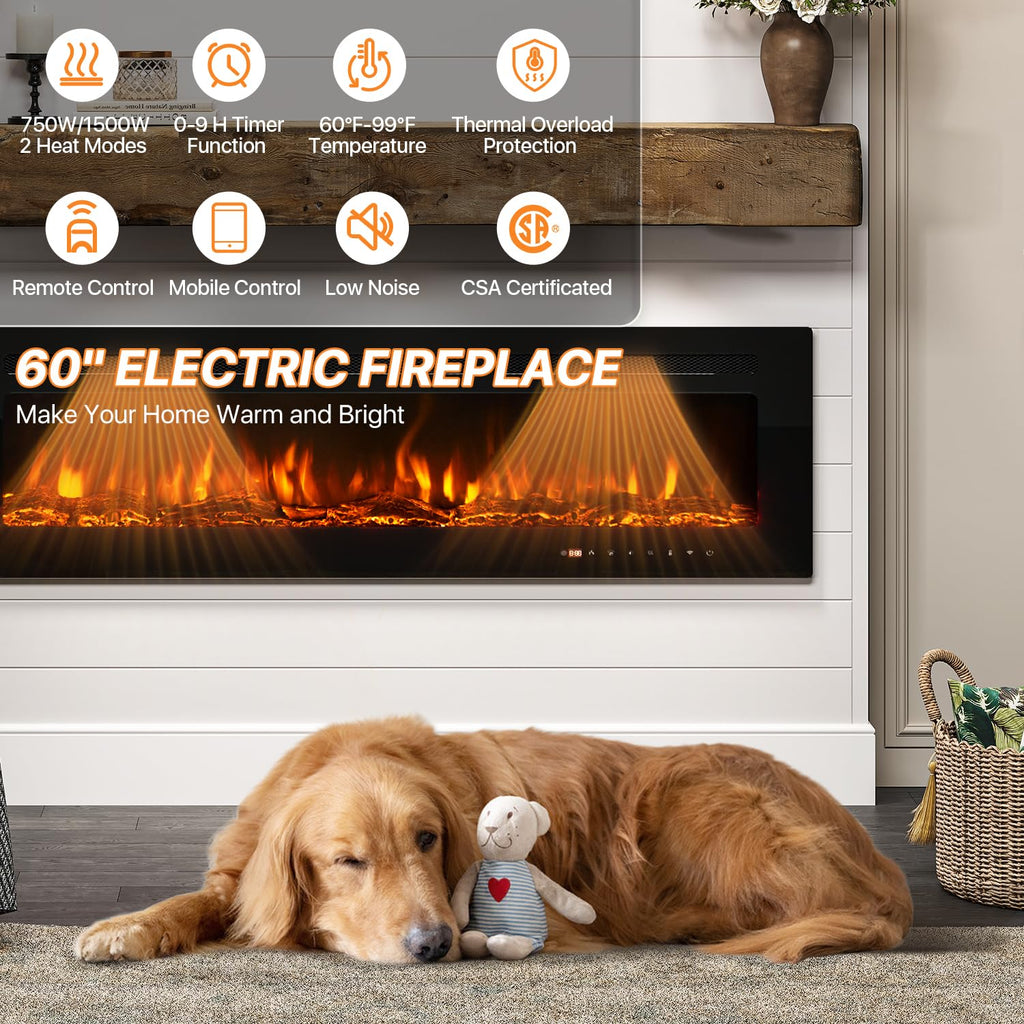 60" Smart Electric Fireplace Heater, Wide Recessed/Wall Mounted Electric Fireplace, Remote Control with Timer, 12