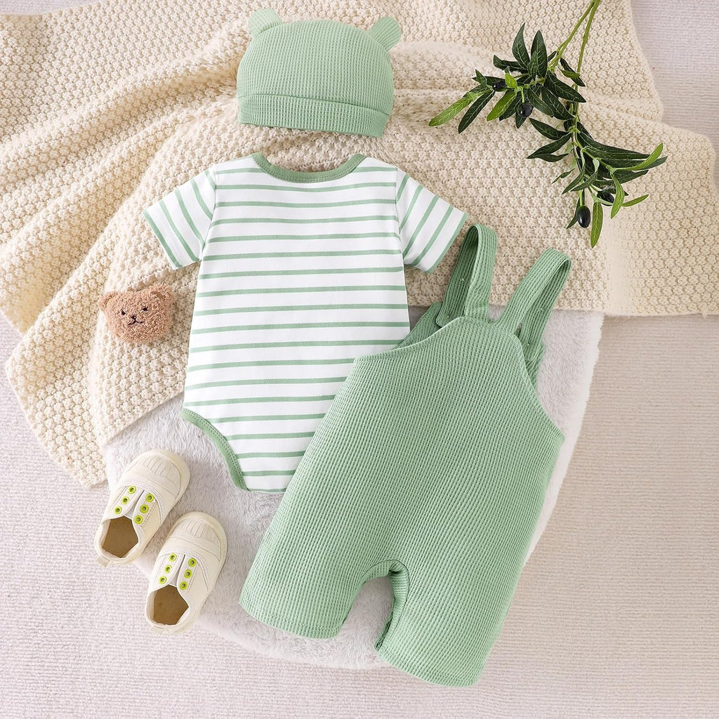 Baby Boy Clothes Newborn Striped Romper Bear Overall Hat Set