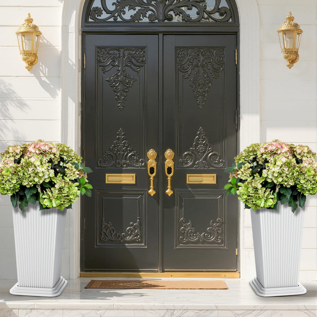 Set of 2 Tall Planters for Outdoor Plants, White Ribbed