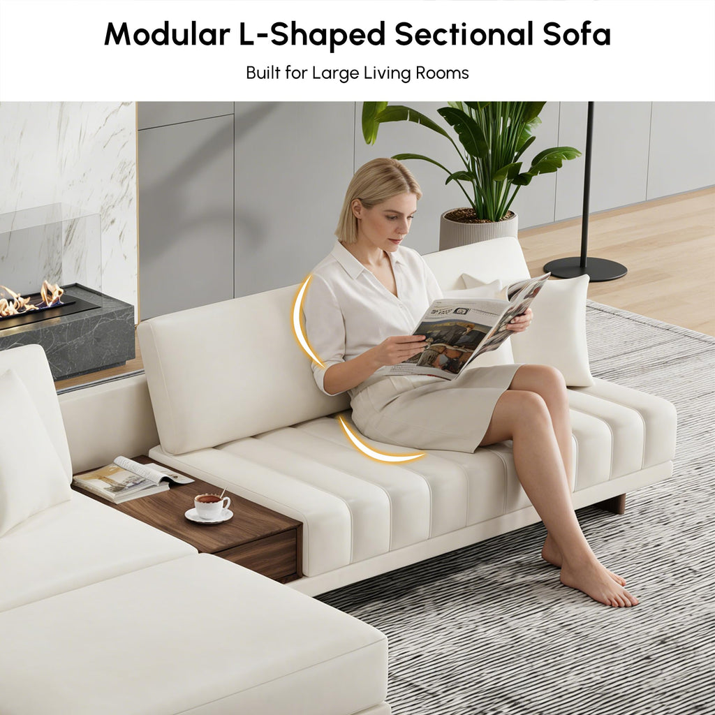 Leather Sectional Sofa - 126" Oversized L-Shaped Modular Couch with Storage Table & Ottoman, White Sofa for Modern
