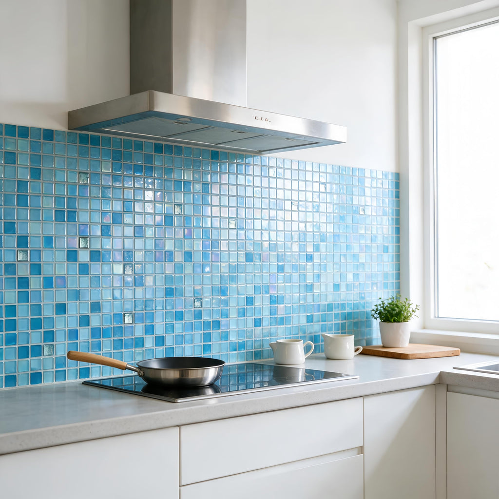 Light Blue Glass Mosaic Tiles, 6mm Ocean Gradient Backsplash, 15 Sheets