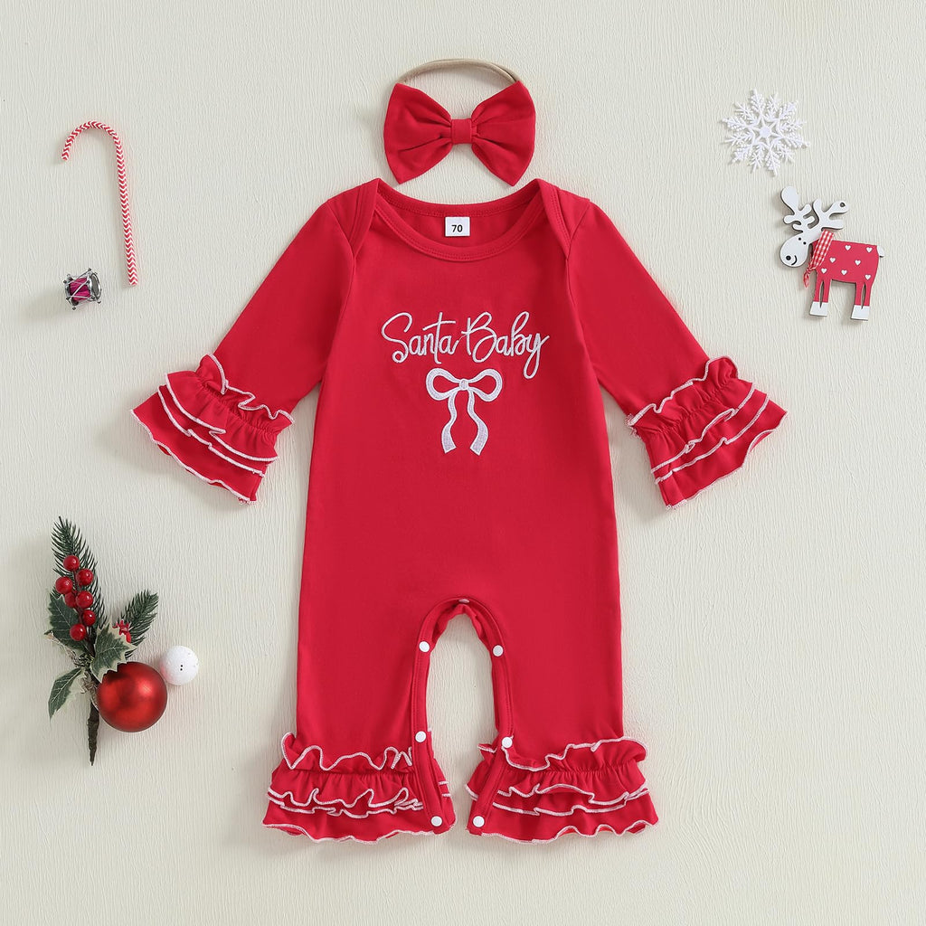 Newborn Baby Boy Girl Christmas Outfit Santa Baby Red Romper Flare Ruffle Jumpsuit Infant Fall Winter Clothes (Red