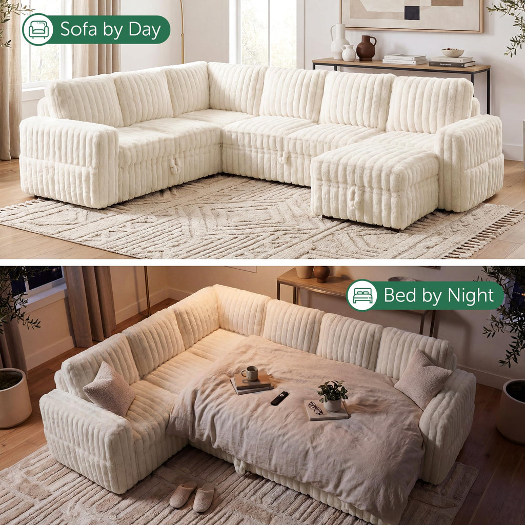Plush Corduroy U Shaped Sectional Sofa with Pull Out Bed, Plush Beige