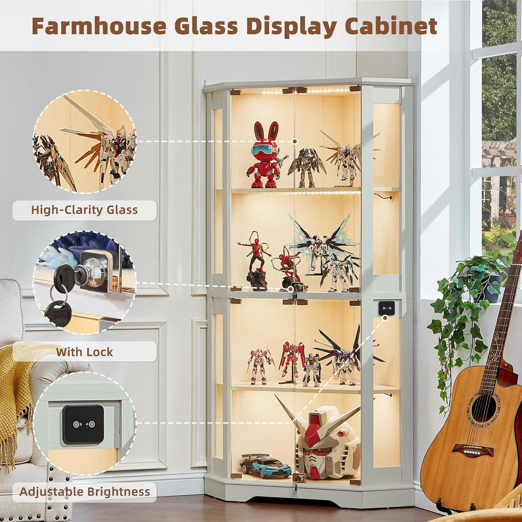 Farmhouse Corner Display Cabinet with Lock, White | Glass Display Cabinet with Doors, 3-Color Motion-Sensor Light &