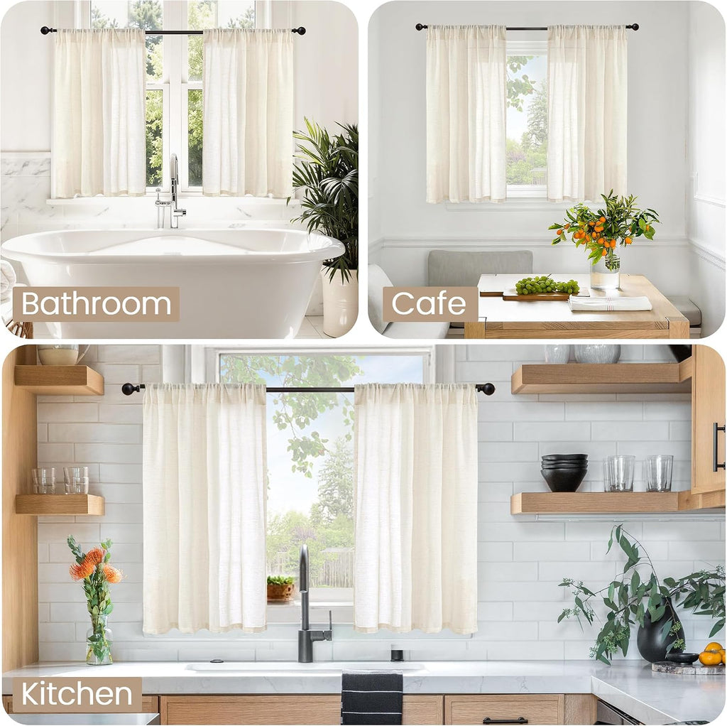 Linen Kitchen Window Curtains Over Sink - 36 Inch Length Cafe Drapes Semi Sheer with Rod Pocket Light Filtering for