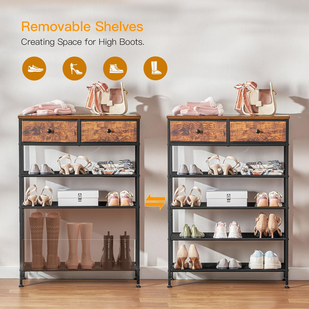 Shoe Rack, 5 Tier Shoe Storage Organizer with 2 Drawers, Metal Shoe Shelf for 12-16 Pairs of Shoes, with 4 Oxford