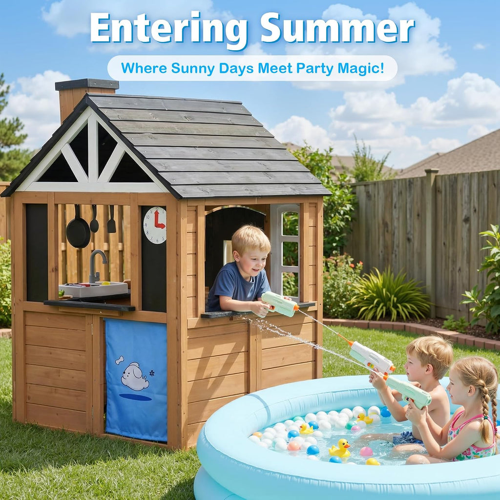 Kids Outdoor Playhouse, 9-in-1 Cedar Wooden Playhouse with Kitchen Set, Snack Bar, Dog Door, Working Doorbell, Toy