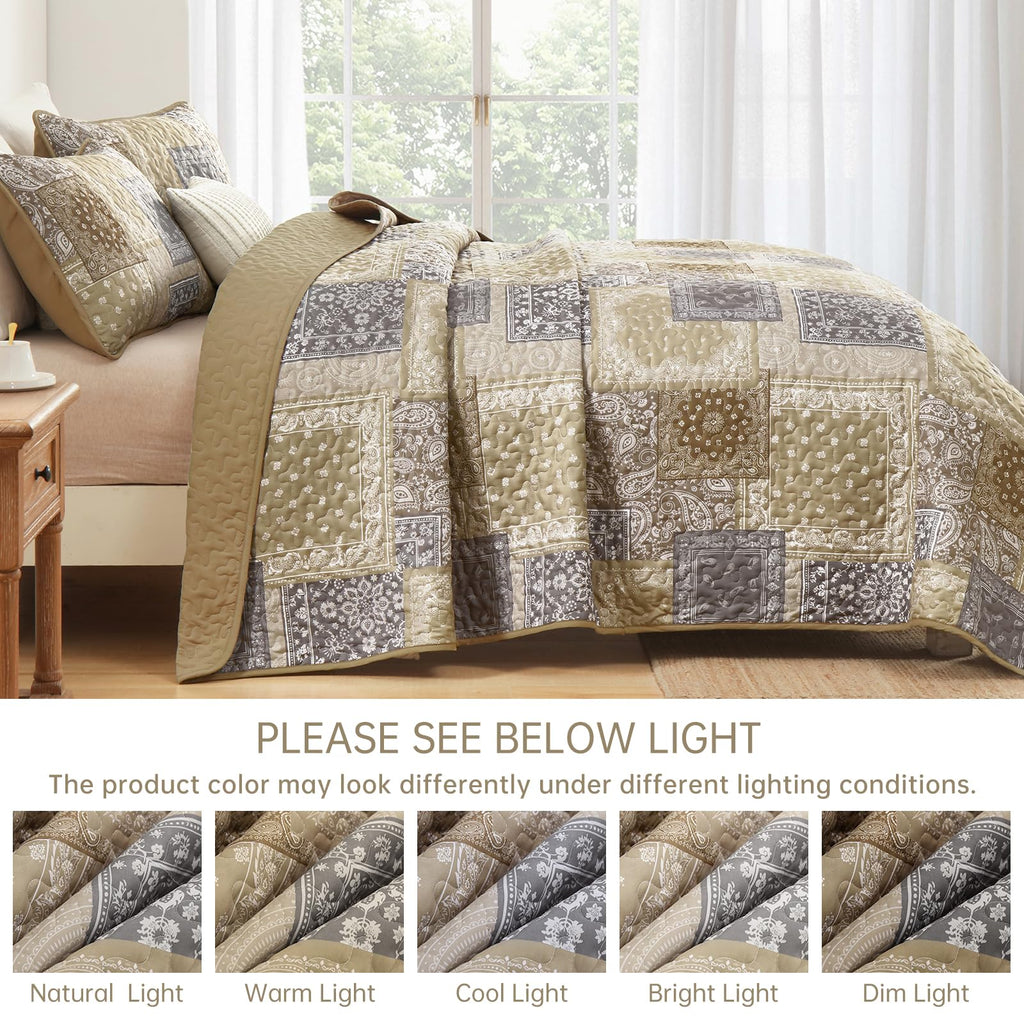 Boho Quilt Set, Beige Plaid Floral Bedspread Coverlet Set