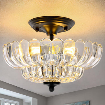 Modern Semi Flush Mount Ceiling Light, 3-Light Black Close to Ceiling Light Fixture, 12" Vintage Clear Glass