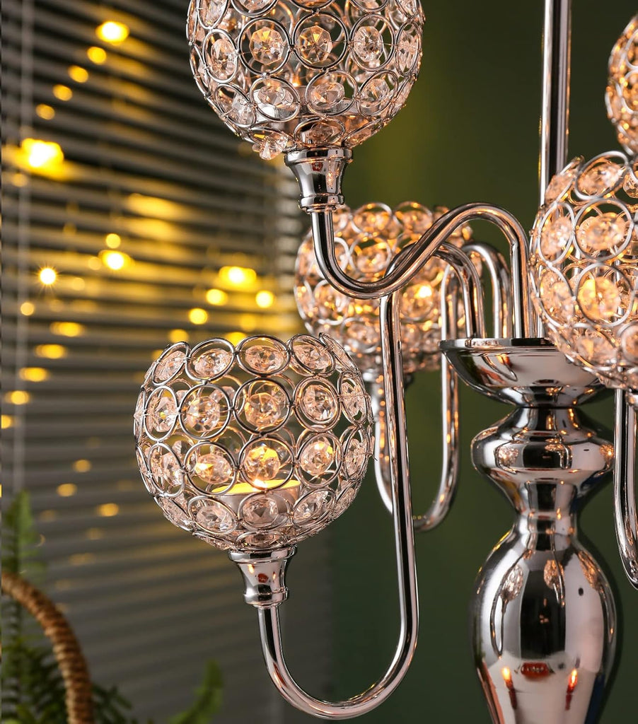 Silver Candelabra for Table Centerpiece with Crystal, 7 Arms 27.1 inch Tall Candle Holders with Globes, Dining Table