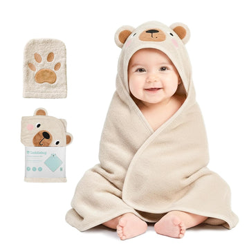 Hooded Baby Towel & Washcloth Set for Toddlers, Cotton Bear Beige